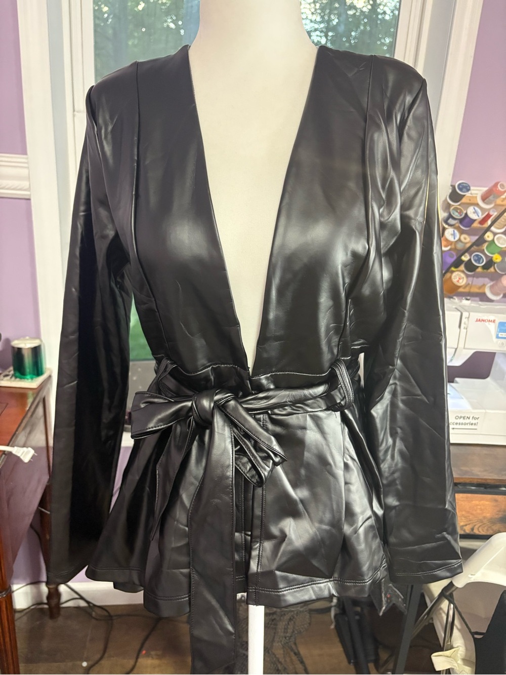 Black Faux Leather Tie-Waist Jacket